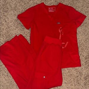Figs Red Scrub top and wide leg bottoms